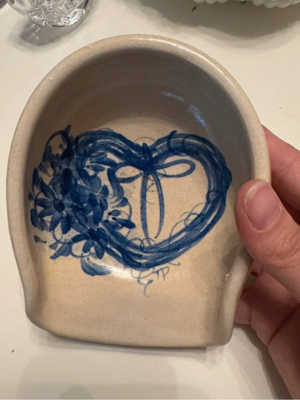 Vintage Hand-Painted Blue Floral Heart Ceramic Spoon Rest by Casey Pottery